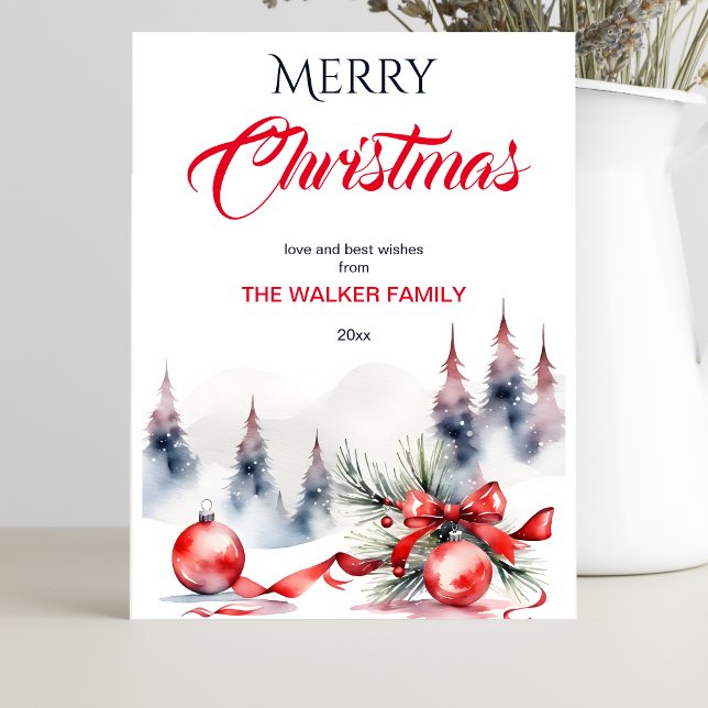 Merry Christmas classic red baubles and pines Holiday Postcard (Merry Christmas postcard classical red baubles red ribbon snowy pine trees holiday greeting postcard)