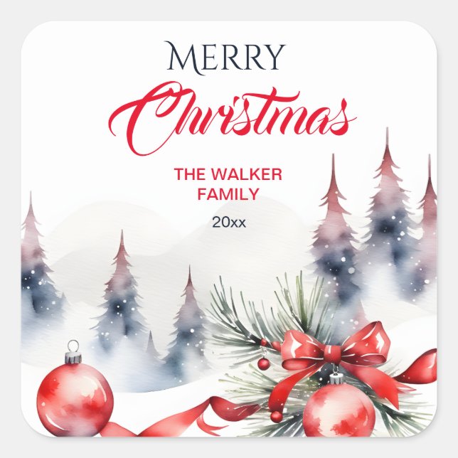 Merry Christmas classic red baubles and pines Square Sticker (Front)