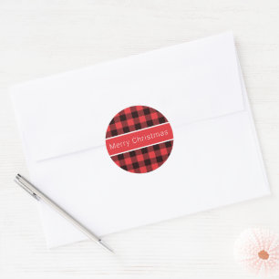 Merry Christmas Classic Red & Black Buffalo Plaid  Round Sticker
