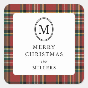 Merry Christmas Classic Red Plaid Monogram Square Sticker
