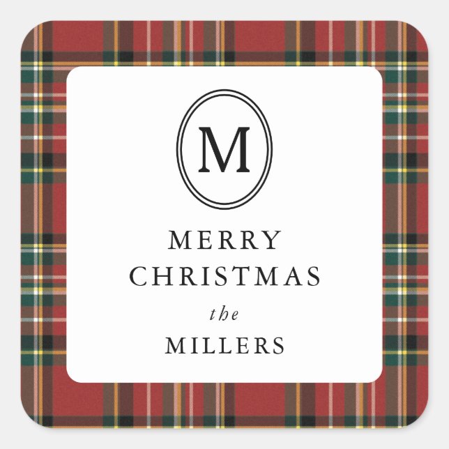 Merry Christmas Classic Red Plaid Monogram Square Sticker (Front)