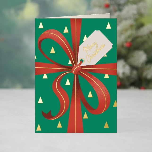 Merry Christmas Classic Red Ribbon Gift Foil Holiday Card (Holiday In Situ)