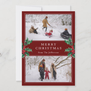 Merry Christmas Classic Red Two Custom Photo Holiday Card