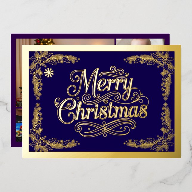 Merry Christmas Classic Script Purple Foil Holiday Card (Front/Back)