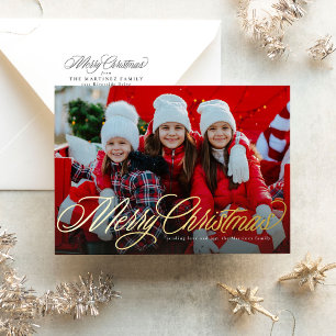 Merry Christmas classic script two photo Foil Holiday Card