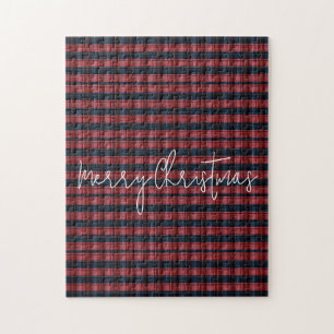 Merry Christmas Classic Vintage Red & Black Plaid Jigsaw Puzzle