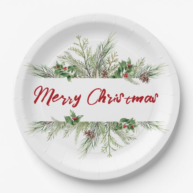 Merry Christmas Classic Winter Wheath Greeting Paper Plate (Front)