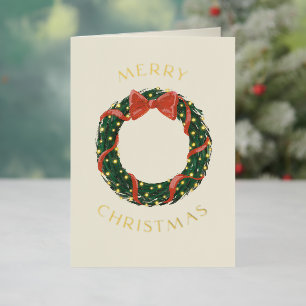 Merry Christmas Classic Wreath Gold Foil Holiday Card