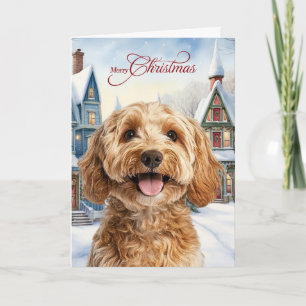Merry Christmas Cockapoo Dog Snowy Winter Village Holiday Card