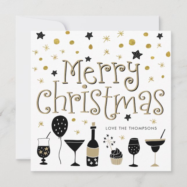 Merry Christmas Cocktail Stars Confetti Gold Black Holiday Card (Front)