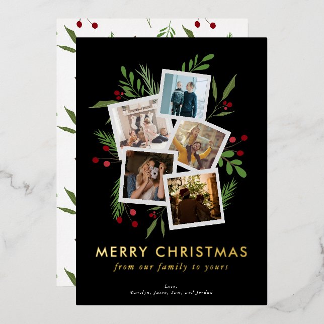 Merry Christmas Collage Black Modern Holly Foil Holiday Card (Front/Back)