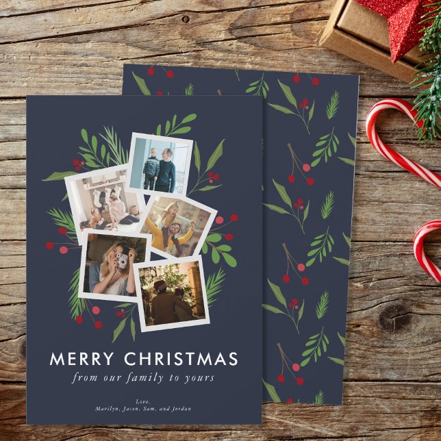 Merry Christmas Collage Custom Modern Holly Holiday Card (Creator Uploaded)