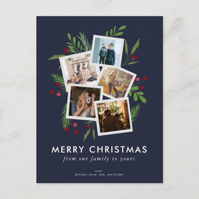 Merry Christmas Collage Custom Modern Holly Holiday Postcard (Front)