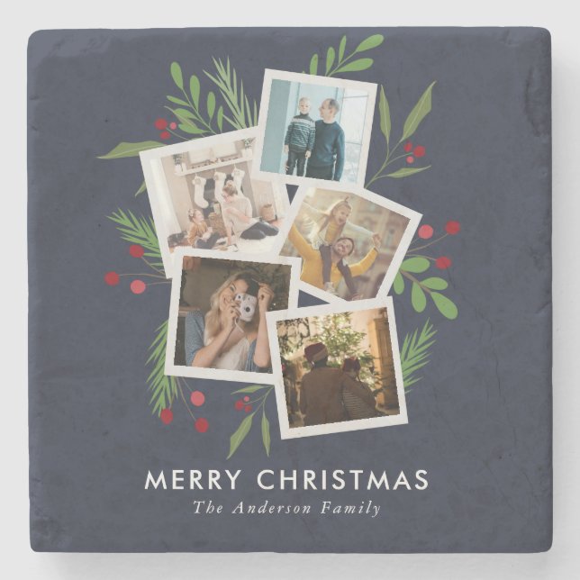 Merry Christmas Collage Custom Modern Holly Stone Coaster (Front)