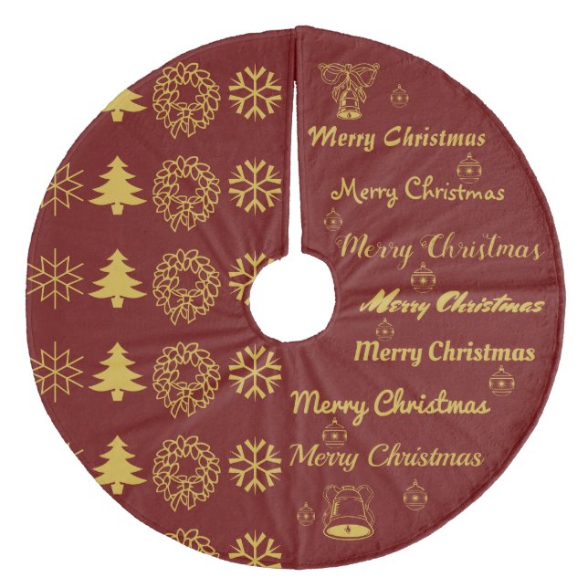 Merry Christmas Collage Dark Red Gold Fleece Tree Skirt (Front)