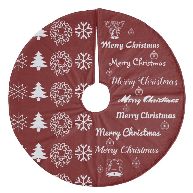 Merry Christmas Collage Dark Red Silver Grey Fleece Tree Skirt (Front)