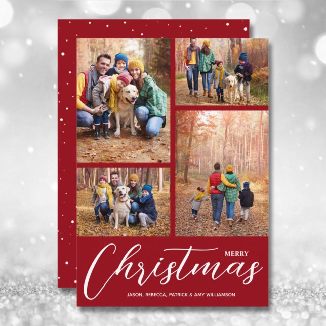 Merry Christmas Collage Multi-Photo Cranberry Holiday Card (Creator Uploaded)