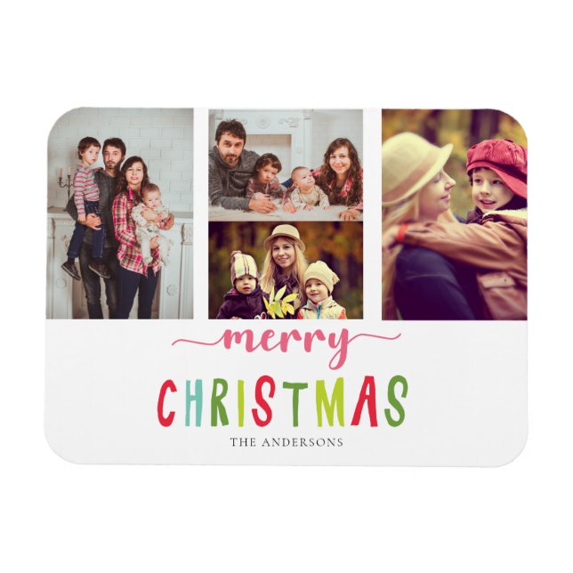 Merry Christmas Colorful 4 photo collage Cute Magnet (Horizontal)