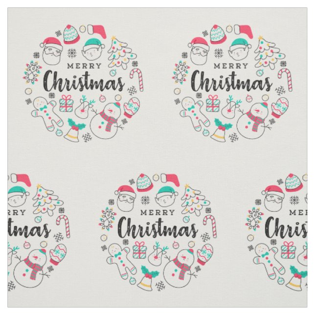 Merry Christmas colorful drawing Fabric (Swatch)