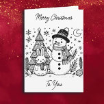 Merry Christmas Colour Me | Snowman and Bunny Card<br><div class="desc">Christmas card with colouring pages. Colouring pages are a snowman and bunny with Christmas trees,  the moon and snowflakes on the front. The inside has a cute Santa and reindeer.</div>