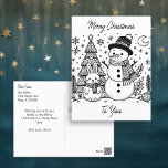 Merry Christmas Colour Me | Snowman and Bunny Postcard<br><div class="desc">Personalised Christmas postcard with colouring pages. Colouring pages are a snowman and bunny with Christmas trees,  the moon and snowflakes on the front. The back of the postcard has a holiday message that you can personalise.</div>