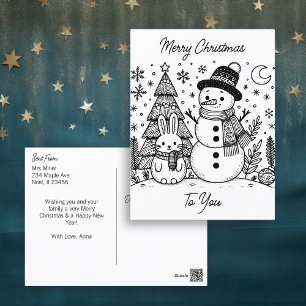 Merry Christmas Colour Me   Snowman and Bunny Postcard