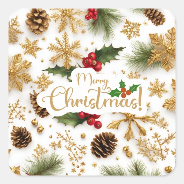 Merry Christmas Colourful Berries, Golden Snowflak Square Sticker (Front)