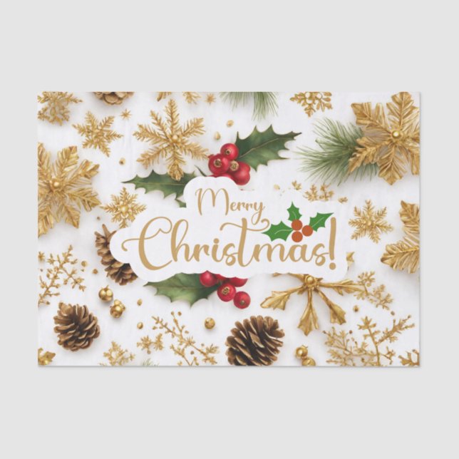 Merry Christmas Colourful Berries, Golden Snowflak Tissue Paper (Front)