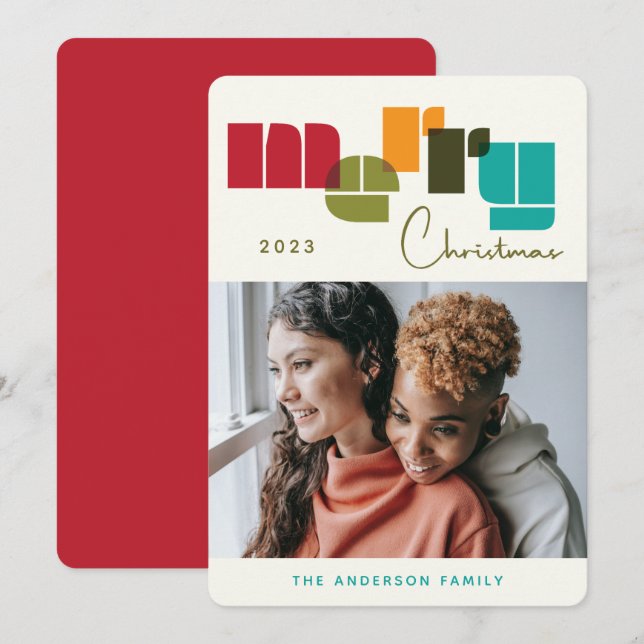 Merry Christmas Colourful Bold Typography Photo Holiday Card (Front/Back)