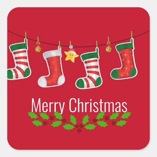 Merry Christmas, Colourful Christmas Stockings, Square Sticker (Front)
