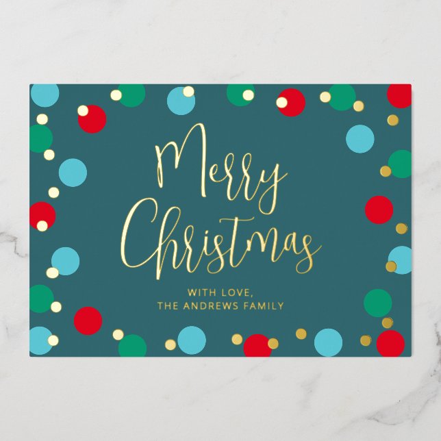 Merry Christmas Colourful Christmas Teal Gold Foil Foil Holiday Card (Front)