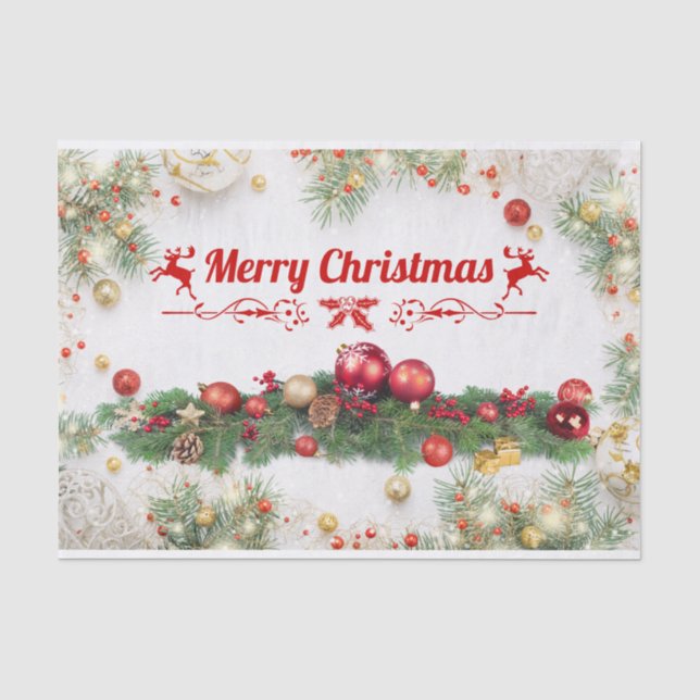Merry Christmas Colourful Ornaments, Pine Branches Tissue Paper (Front)
