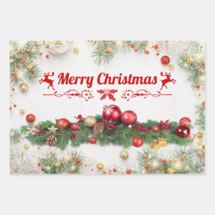 Merry Christmas Colourful Ornaments, Pine Branches Wrapping Paper Sheet