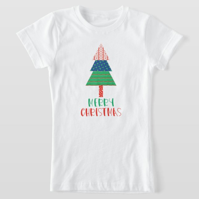 Merry Christmas Colourful Patchwork Tree T-Shirt (Laydown)