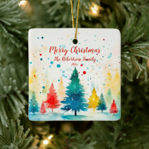 "Merry Christmas" Colourful Pine Trees Ceramic Ornament