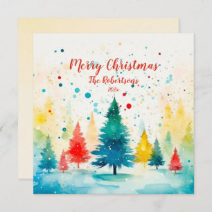 "Merry Christmas" Colourful Pine Trees  Holiday Card