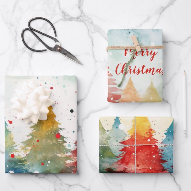 "Merry Christmas" Colourful Pine Trees Wrapping Paper Sheet (Front)