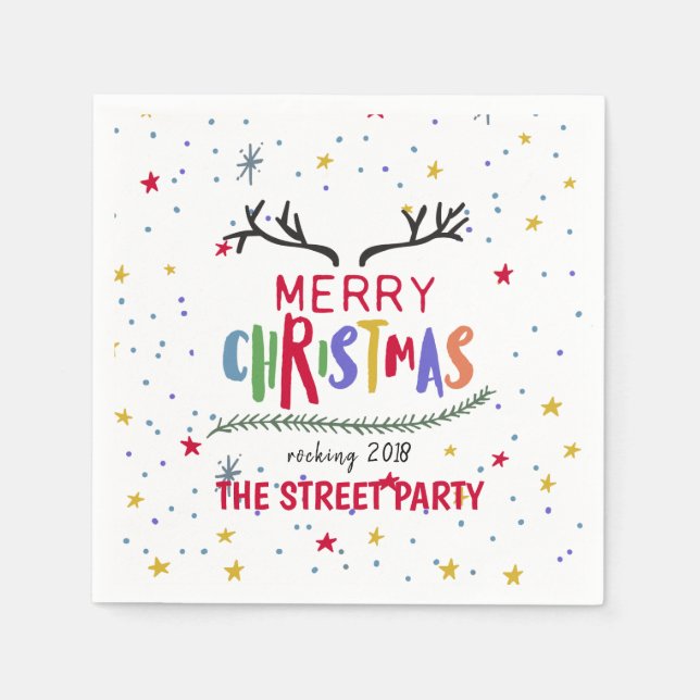 Merry Christmas Colourful Reindeer Antlers & Stars Napkin (Front)
