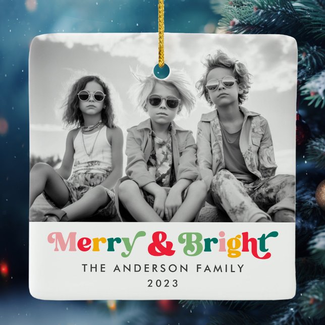Merry Christmas colourful retro font photo Ceramic Ornament (Merry Christmas colorful retro font photo Ceramic Ornament)