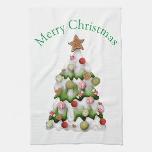 Merry Christmas colourful snow Christmas tree Tea Towel