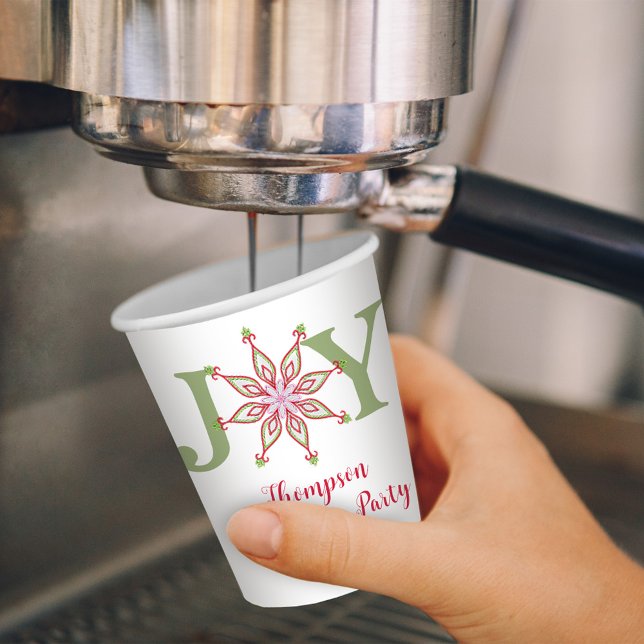 Merry Christmas Colourful Snowflake Typography Joy Paper Cups (Christmas whimsical snowflake holiday custom paper cup)