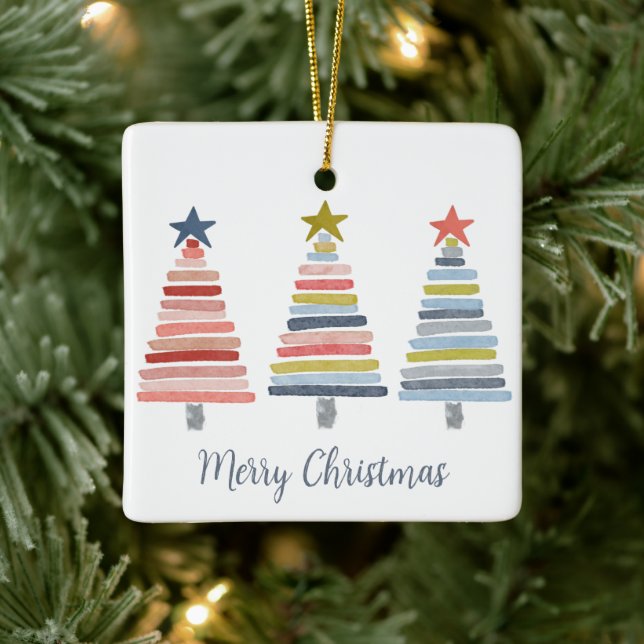 Merry Christmas Colourful Stacked Trees Ceramic Ornament (Tree)