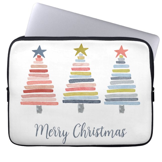 Merry Christmas Colourful Stacked Trees Laptop Sleeve (Front)