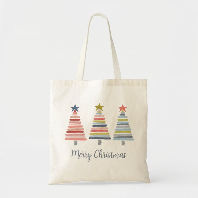 Merry Christmas Colourful Stacked Trees Tote Bag (Front)