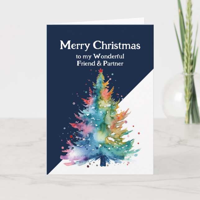 Merry Christmas Colourful Tree Friend & Partner Card (Front)