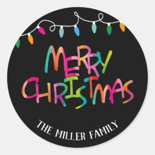 Merry Christmas Colourful Tree Lights Classic Round Sticker