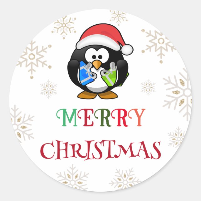 merry christmas colourful typography santa penguin classic round sticker (Front)