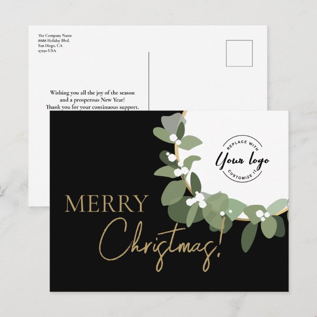 Merry Christmas Company Logo Gold black Custom Holiday Postcard (Front/Back)
