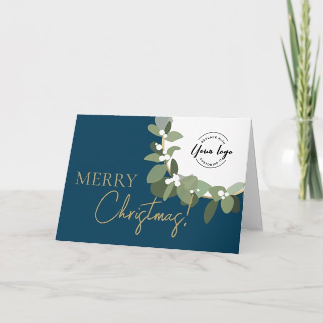 Merry Christmas Company Logo Gold Green Blue Holiday Card (Front)