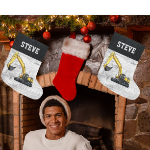 Merry Christmas Construction Excavator Name Men Large Christmas Stocking